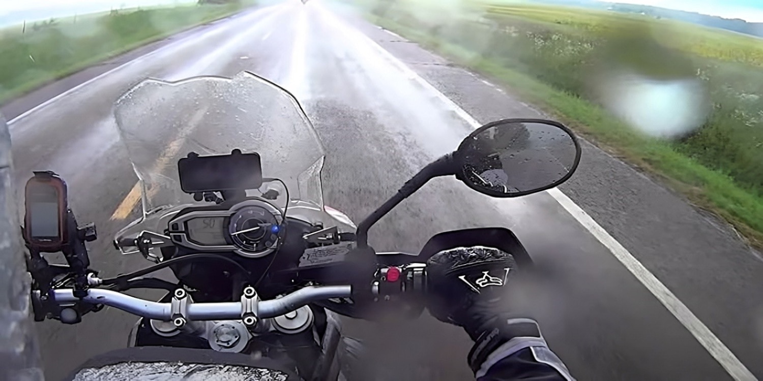 Blasting down an open stretch of the Clopper Road, in Gaithersburg, Maryland, in the drizzling rain. Water droplets form on the camera and visor reducing visibility. Good hand protection and gear is key to a safe ride in the rain. Don’t forget to have waterproofing bags for your electronics.