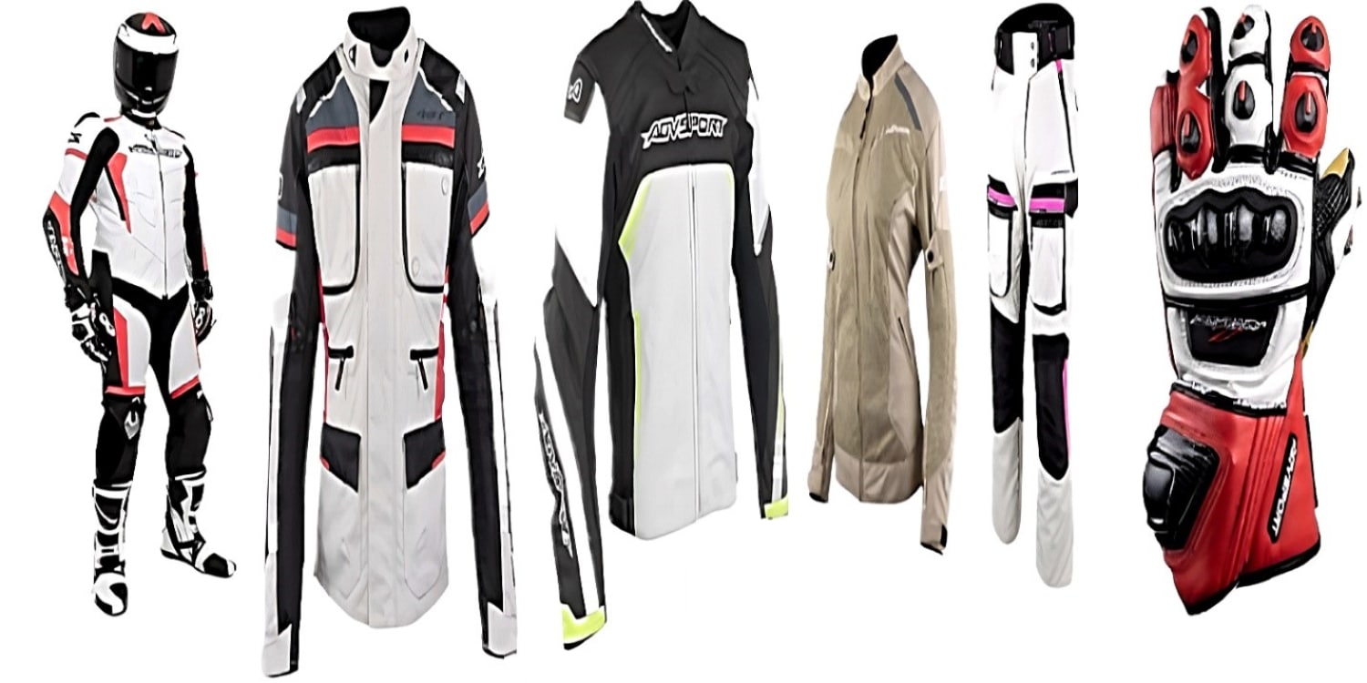 From left to right: AGVSPORT’s Monza Race Suit, Mojave ADV Men’s Jacket, Imola Leather Jacket, Sharp Mesh Textile Jacket, Mojave Textile Pant, and Monza-R Leather Gloves. The bright colored apparels will help make your motorcycle more visible when raining, increasing your safety and reducing the risk of accidents. 