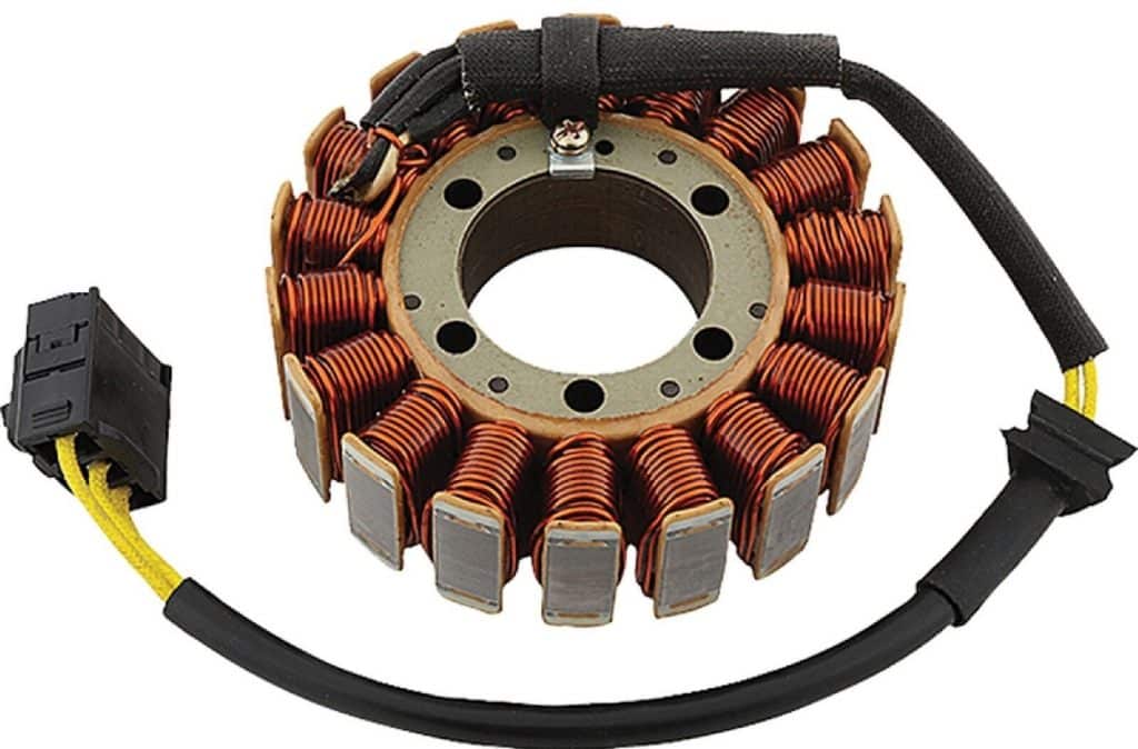 Do Motorcycles Have Alternators? Understand the Modern Electrical Systems and How to Maintain Them Part image of a generic stator for use with motorcycles. This stator has a total of 18 poles and a three phase output carried by three yellow wires.
