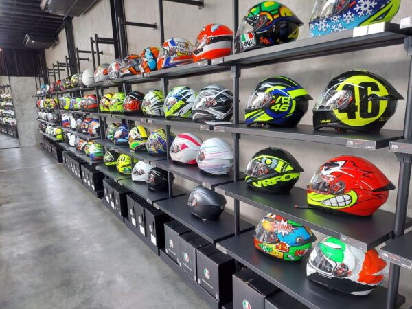 AGV helmets beautifully displayed at the authorized AGV retailer, 786 Moto Group Co., in Bangkok, Thailand.