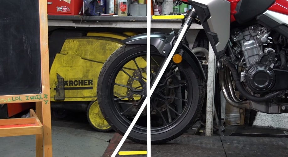 The chunky block Dunlop Trailmax Mixtour tire wraps around the 19” front wheel of the Honda CB500X, an urban mannered ADV. What we cannot see right away is the rake and trail indicated by the line illustrations. An imaginary line through the front axle touches the ground through the front contact patch and an extrapolation of the front forks meets the surface somewhere in front of the bike. The acute angle between the two lines is the rake/caster angle while the horizontal distance between the points where they each touch the surface is the trail.