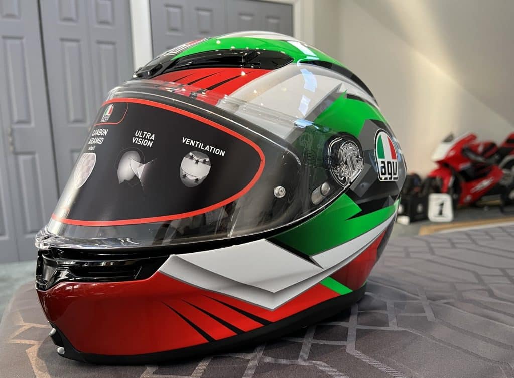 Top 7 Best Helmets for Naked Motorcycles AGV K6 S Excite Camo/Italy motorcycle helmet in eye-catching red/white/green color scheme - offering high visibility and a statistically advantageous profile.