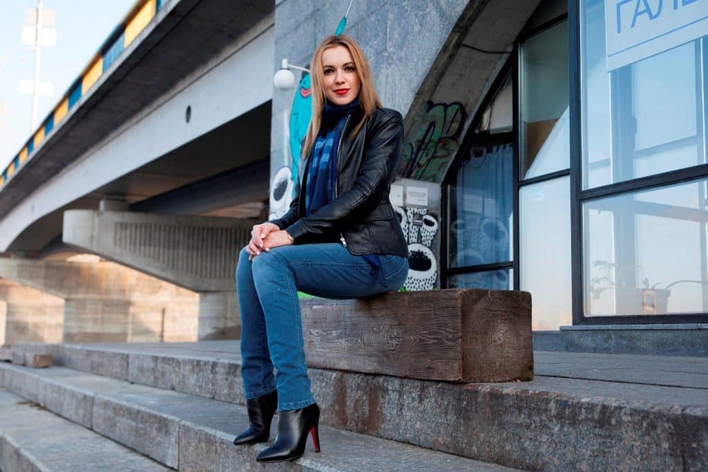 Elena exemplifies the stylish nature of motorcycle jeans.