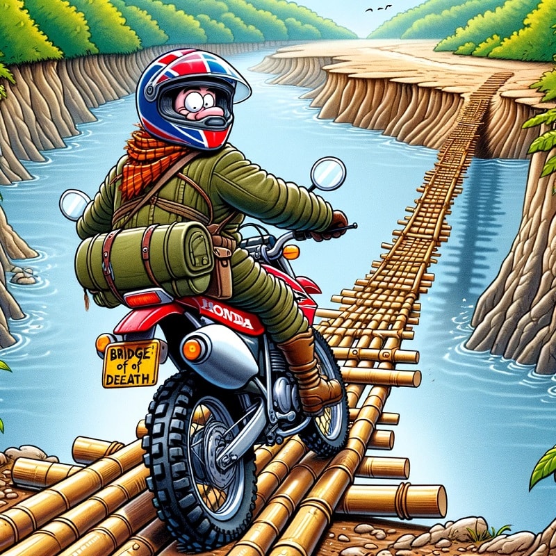 Honda CRF250 motorcycle approaching a washed-out gorge in a dirt road