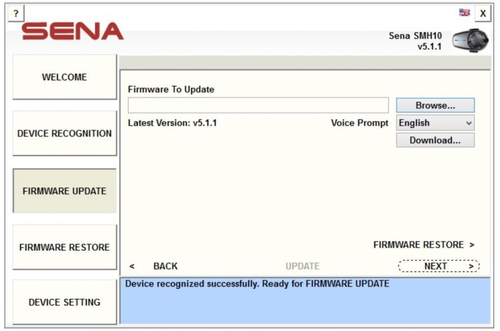 Initiating a Sena firmware update.