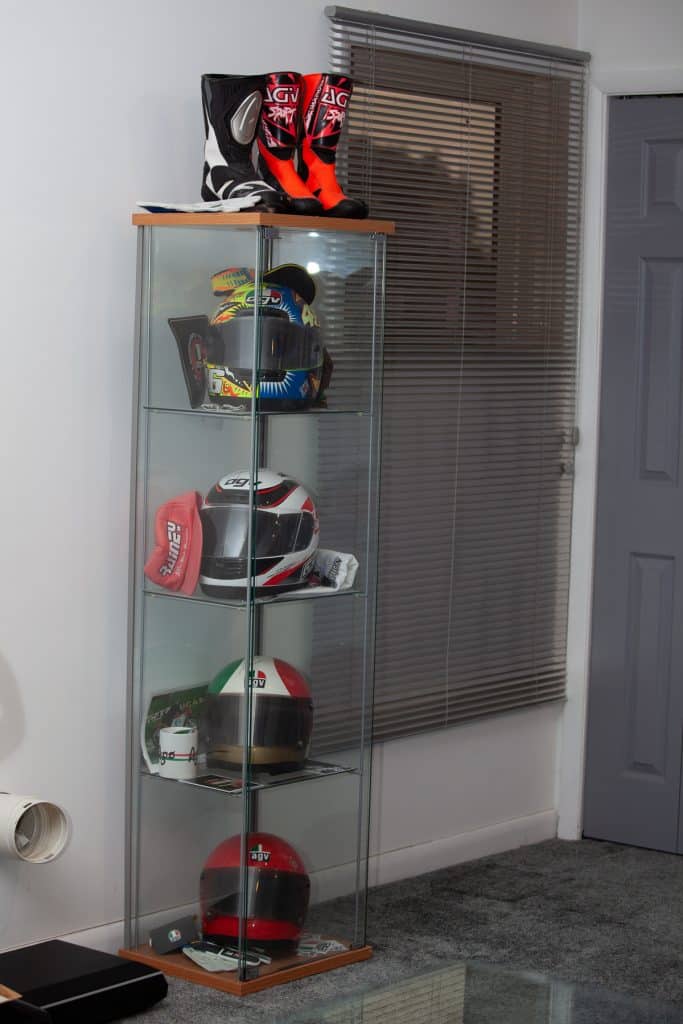 Niki Lauda’s AGV X1, Giacomo Agostini’s AGV X3000, Wayne Rainey’s AGV Quasar, and Valentino Rossi’s AGV Pista GP R