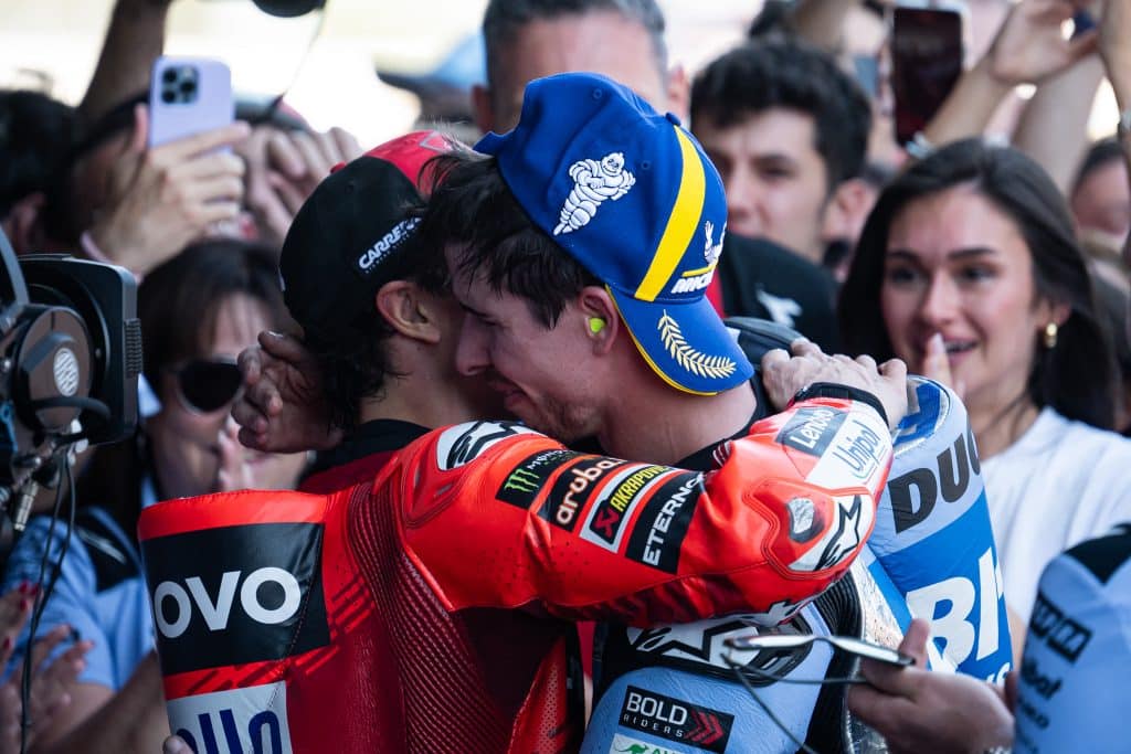 Marc Márquez and Álex Márquez share a memorable moment on the podium following the 2025 Argentina Grand Prix, where the brothers secured a rare 1-2 finish together.