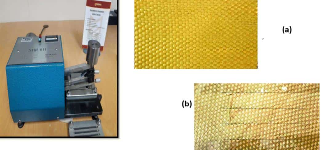 On the left is the STM 611 SATRA cut resistance teste. (a) a Kevlar’s specimen prior to the Blade Cut Resistance (BCR) test, and (b) a specimen post the BCR test. Image Source: ResearchGate
