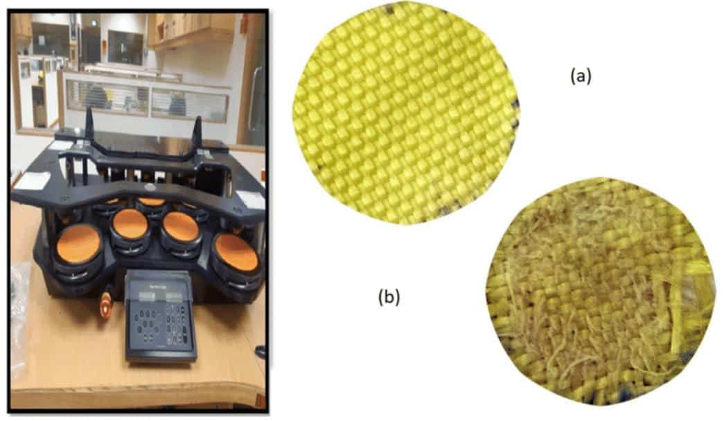 On the left is the abrasion resistance (AR) machine. (a) a specimen before the PR test, and (b) a specimen after undergoing the PR test. Image Source: ResearchGate