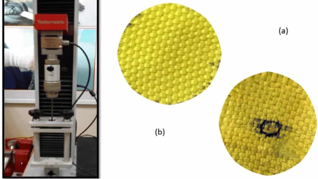On the left is the puncture resistance (PR) machine. (a) a specimen before the PR test, and (b) a specimen after undergoing the PR test. Image Source: ResearchGate